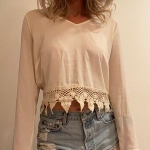 Cream Long Sleeve Macrame-Hemmed Crop Shirt
